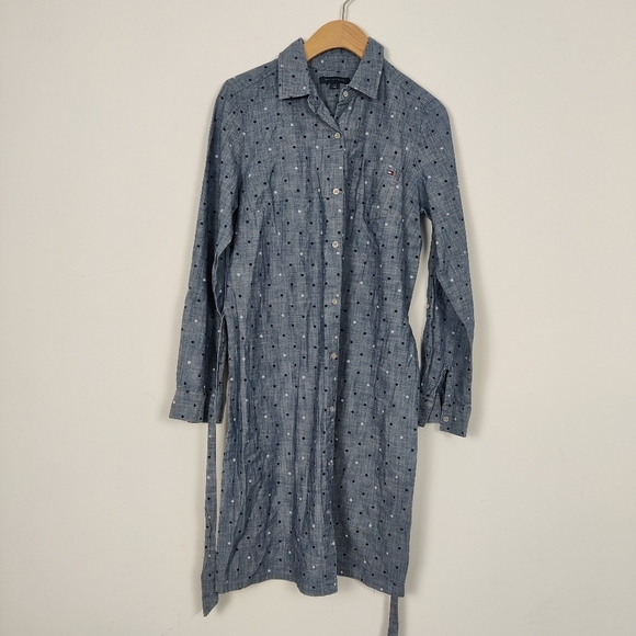 Tommy Hilfiger Dresses & Skirts - Tommy Hilfiger Women's Button Down Shirt Tunic Jean Dress Blue Polka Dot Denim